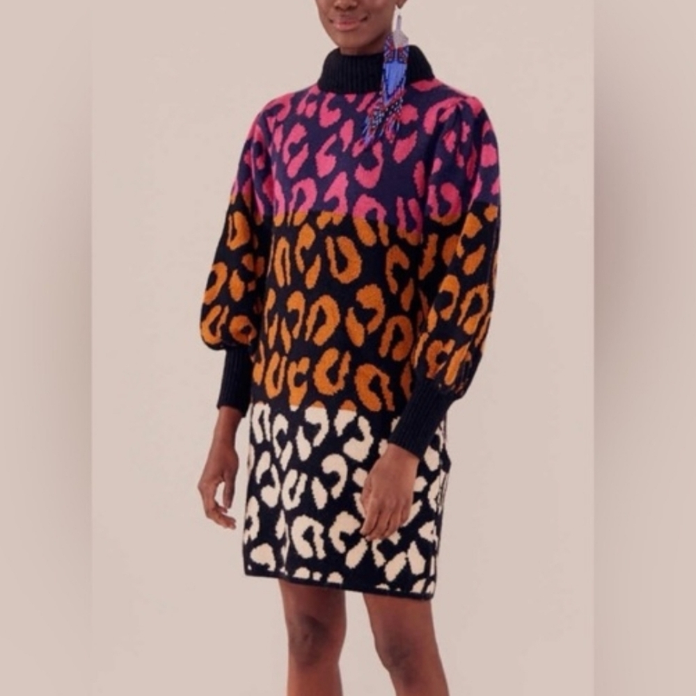 Farm Rio Knit Colorful Leopard Print Women's Sweater Dress Size XS. New Worn Tag